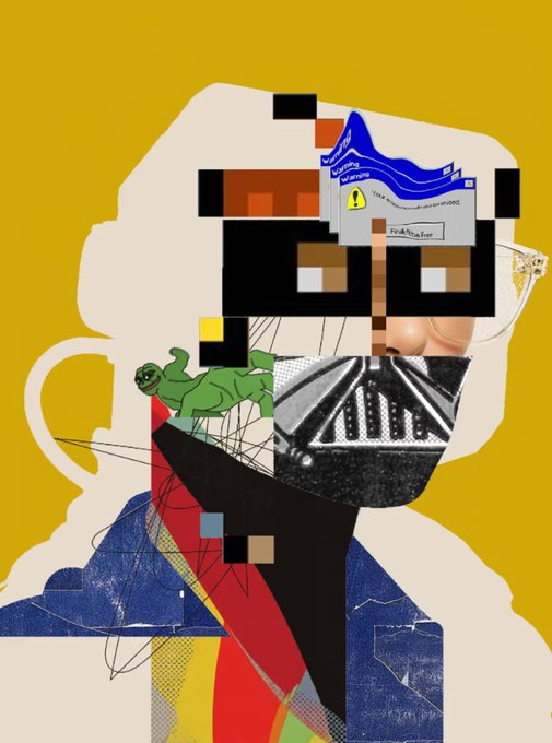 The image features a collage of various elements, including a person's face with a mask that has a Star Wars theme, a coffee cup, and a green frog. The background color is yellow, which contrasts with the black and white elements within the collage. The caption "R3ORD3R 3V3RYTHING" suggests that this image might be related to a discussion or post about the Star Wars franchise on social media platforms like Twitter.

The image seems to be an artistic representation of the Star Wars universe, with the mask and coffee cup possibly symbolizing characters from the series. The green frog adds a touch of whimsy to the overall composition.