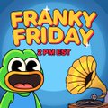 The image is a colorful logo for "Franky Friday," featuring a cartoon green character next to a yellow gramophone, with "Spin to Win" text displayed prominently. It ties to the post about the user's morning ritual of playing Franky's game with coffee before starting their Web3 day.