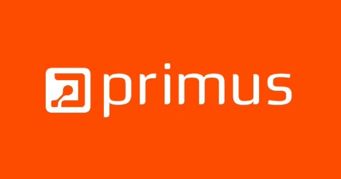 A logo for 'primus' displayed in white text on a bright orange background, featuring a stylized square icon with a curved line.