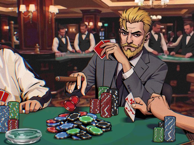 An anime-style illustration of a blonde, mustachioed man in a gray suit smoking a cigar and holding playing cards at a casino poker table covered with chips.