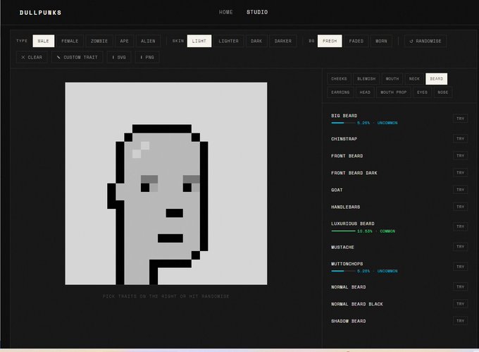 A dark-themed "DULLPUNKS" interface displays a pixelated bald male character in a white square with selection menus for TYPE (WALK, FALL, ZOMBIE, APE, ALIEN, SKIN, LIGHT), BG (FRESH), and trait options like CHEEKS, EYES, NOSE, and various beard styles (BIG BEARD, CHINSTRAP, FRONT BEARD, GOAT, LUXURIOUS BEARD at 13.53%, MUSTACHE at 4.39%, etc.). The image directly illustrates the DullPunks Playground mentioned in the post, showing the customization interface where pixel artists can design and experiment with 24x24 pixel traits.