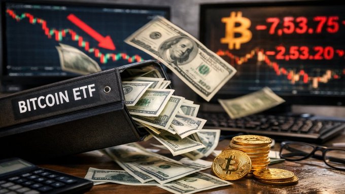 The image shows a Bitcoin ETF binder overflowing with cash, alongside gold Bitcoin tokens and computer screens displaying a downward-trending price chart with red figures reading "BITCOIN ETF -7,53.75% -2,53.20." While the visual emphasizes market decline, it contrasts with the post's optimistic message that institutional appetite remains strong, as evidenced by the $368 million in net inflows to Bitcoin Spot ETFs over the past three days.