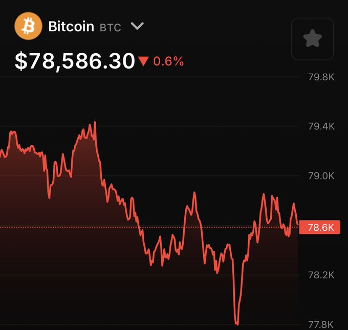 A Bitcoin (BTC) price chart showing a current price of $78,586.30 with a 0.6% decline, displaying a red line graph with price ranging between approximately $77.8K and $79.8K.