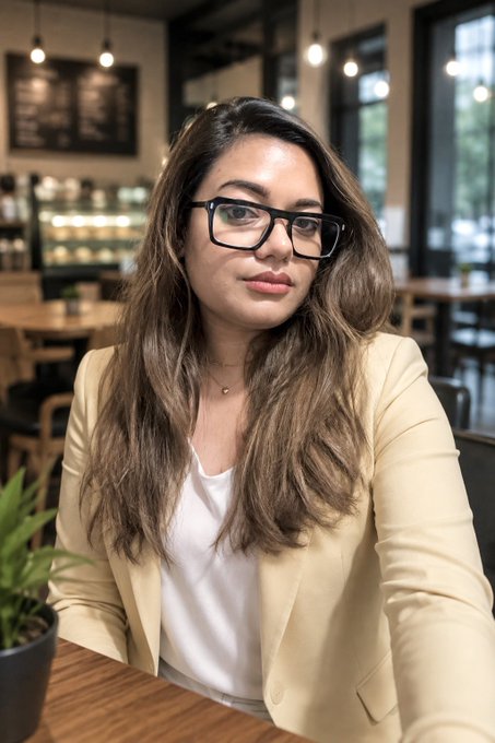 The image features a woman wearing glasses, sitting at a table with her hands resting on it. She has long brown hair that falls over her shoulders. The setting appears to be an indoor cafe or restaurant, as there are multiple chairs around the dining tables visible in the scene. A potted plant is placed near one of the tables, adding some greenery and life to the space. The woman's attire consists of a white shirt paired with a yellow blazer, giving her a professional yet approachable appearance.