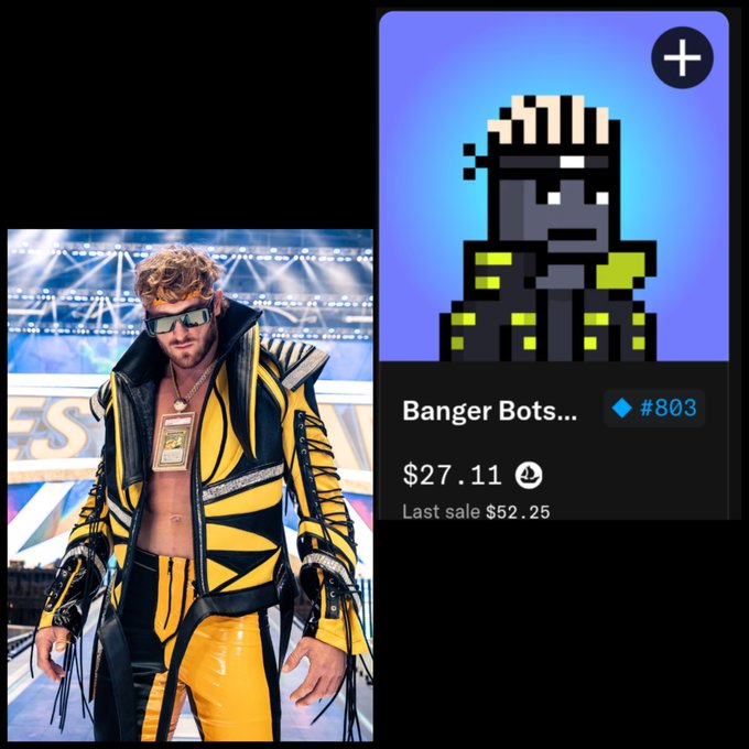 A split image showing a wrestler in a yellow and black ring outfit on the left, and an NFT marketplace listing for 'Banger Bots...' priced at $27.11 on the right.
