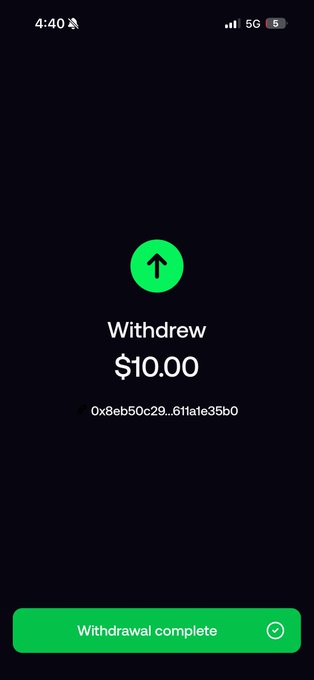 A mobile screenshot showing a successful withdrawal of $10.00, transaction ID "0x8eb50c29...6f1afe35b0," with a green checkmark and "Withdrawal complete" button, suggesting funds were cashed out—possibly converting profits from the $GARRI token mentioned in the post.