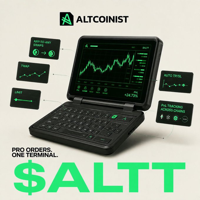 Promotional graphic for Altcoinist's $ALTT token featuring a handheld terminal device displaying a candlestick chart with +24.73% PNL, surrounded by feature callouts including "ANY-TO-ANY SWAPS," "TWAP," "LIMIT," "AUTO TP/SL," and "PnL TRACKING ACROSS CHAINS," with the tagline "PRO ORDERS. ONE TERMINAL. $ALTT." The image visually reinforces the post's message about Altcoinist consolidating multiple trading tools into a single app, showing the platform's key features as unified features of the device.
