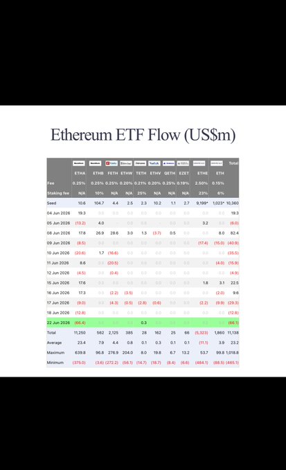 The image features a spreadsheet table displaying information about Ethereum ETFs. The main focus is an updated table with numbers and data showing a decrease in sales over time. A note accompanying this information states, "𝗜𝗡: Ethereum spotETFs recorded a net outflow of 𝗑𝗵𝗲𝗱𝘀 - $66.1M on June 22". The spreadsheet has the value of the ETFs in US Dollars shown on it, indicating that users are selling these assets to cover expenses or losses.