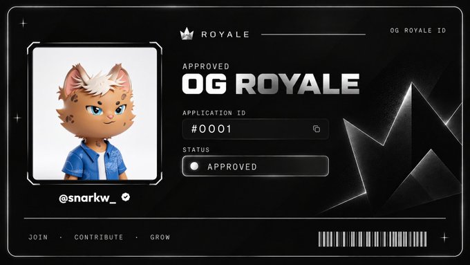 A black-themed ID card labeled 'ROYALE' for 'OG ROYALE' with application ID #0001 and status 'APPROVED', featuring an animated cat character avatar for @snarkw_ on the left side.