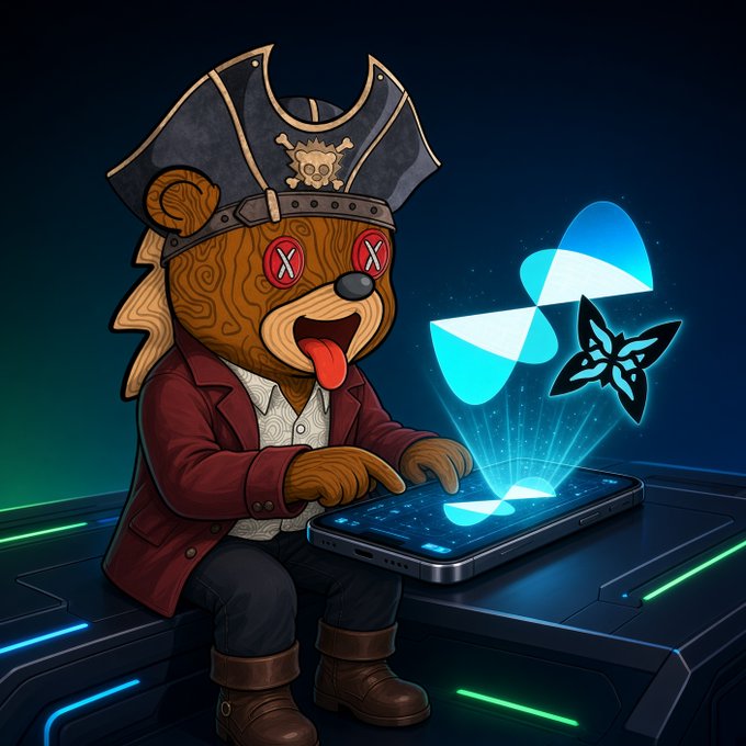 A digital illustration of an anthropomorphic bear pirate character with X-shaped eyes, wearing a tricorn hat and red jacket, typing on a smartphone that projects a glowing blue butterfly hologram.