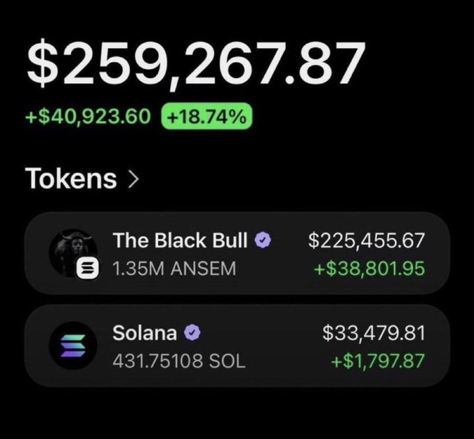A portfolio dashboard displays a total balance of $259,267.87 (+$40,923.60, +18.74%) across two token holdings: "The Black Bull" with 1.35M ANSEM worth $225,455.67 and Solana (SOL) with 431.75108 SOL worth $33,479.81, serving as proof of crypto holdings to entice participants in a $SOL address giveaway.