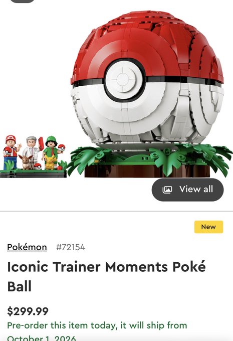 LEGO Pokémon product page showing the 'Iconic Trainer Moments Poké Ball' set #72154 priced at $299.99 with a 'View all' button and small Pokémon trainer minifigures displayed.