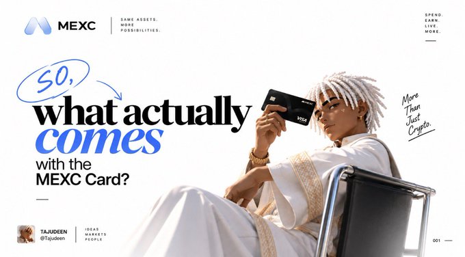A promotional graphic for the MEXC Card featuring a person holding the card, with the text 'so, what actually comes with the MEXC Card?' and 'More Than Just Crypto.'