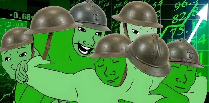 A meme illustration showing multiple Wojak characters wearing military helmets overlaid on a green stock market chart background.
