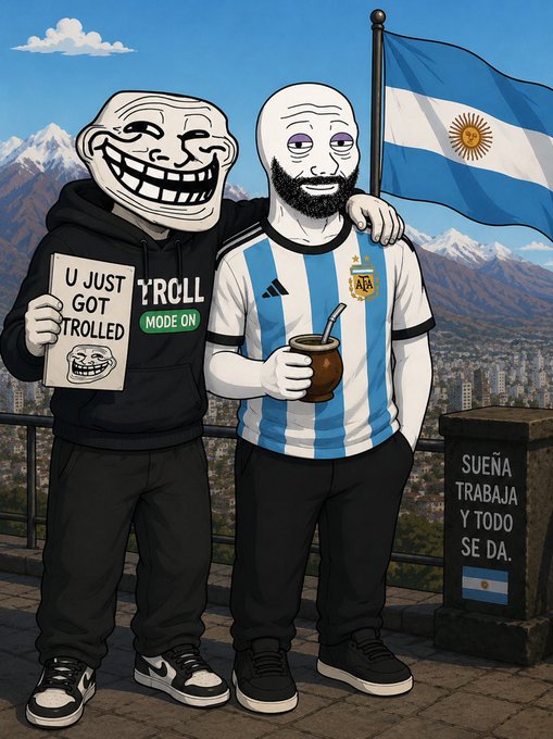 A cartoon troll in a "Y'ROLL MODE ON" hoodie holds an "U JUST GOT TROLLED" sign while posing with a bearded man in an Argentina (AFA) jersey, mate cup, and Argentine flag, standing beside a pillar reading "SUEÑA TRABAJA Y TODO SE DA." The image humorously reinforces the post's message about patient $TROLL accumulation before the next wave of attention.