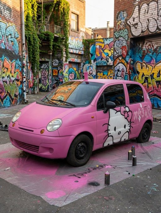 A small pink car decorated with a Hello Kitty graphic parked in a graffiti-covered alley, sitting on a plastic drop cloth surrounded by spray paint cans.
