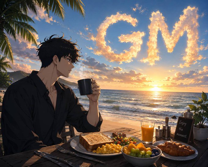 An anime-style illustration shows a dark-haired man drinking from a cup at a beachside table with breakfast, with the word "GO!" spelled in clouds above the sunset ocean.