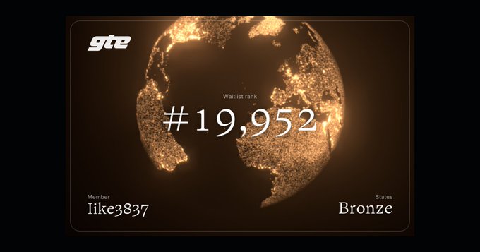 A gte wallet ranking card showing member 'like3837' with a wallet rank of #19,952 and Bronze status, displayed over a glowing golden globe graphic.