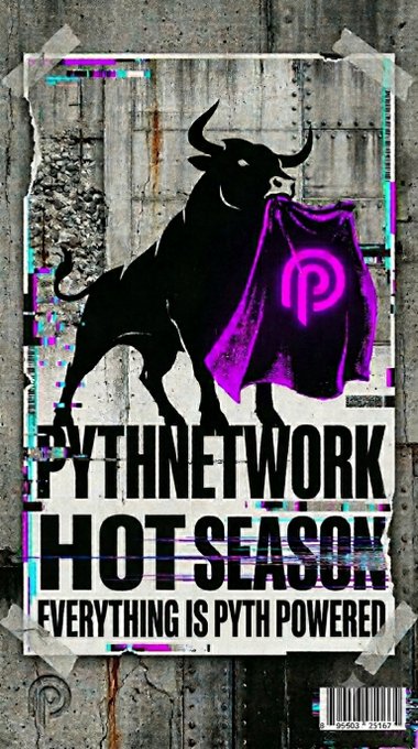 The image features an eye-catching advertisement for a website named "PythNetworkHotSeason". The poster depicts a bull holding a red cape that says "Pyth Network", along with a purple banner stating "Everything is Phyth Wored". The background of the advertisement has a mix of grayscale and metallic tones, and it shows the words "focus on what is in this post" at the bottom. This creative advertisement effectively captures attention and promotes the website's offerings to potential users.