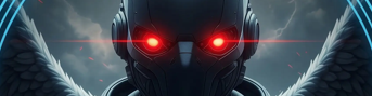 A dark, futuristic digital illustration featuring a tall, ominous structure with two glowing red eyes set against a stormy, gray background with vertical light streaks.
