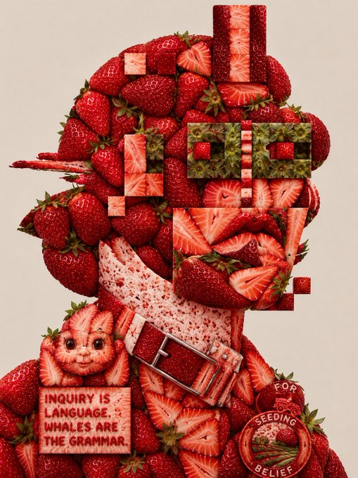 A surreal portrait composed entirely of strawberries and strawberry slices forming a human figure, with text 'INQUIRY IS LANGUAGE, WHALES ARE THE GRAMMAR.' and 'FOR SEEDING BELIEF' visible on badges.