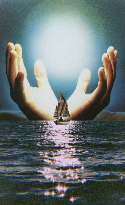 A surreal image showing two large hands cupping a glowing light above a small sailboat on dark, rippling water, with the light's reflection creating a path on the surface.