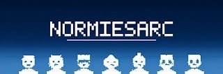 A pixel art style banner displaying 'NORMIESARC' in white text on a dark blue gradient background, with a row of small pixelated character sprites below.