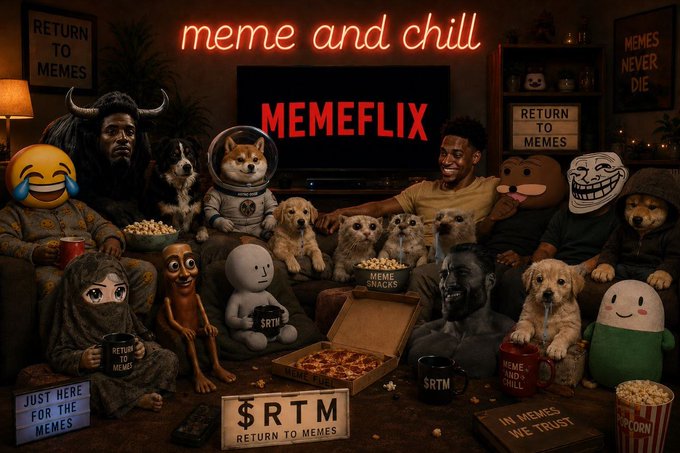 A dimly lit room features a chaotic gathering of people, dogs, and meme mascots surrounded by neon signs reading "meme and chill," "MEMEFLIX," "RETURN TO MEMES," and "MEMES NEVER DIE," with "$RTM" and "$ANSEM" branding on mugs and signs throughout the scene. The image visually embodies the post's message of "just meme and chill" alongside the "$ANSEM" and "$RTM" ticker references, portraying a humorous "Netflix and chill" parody centered around meme culture and crypto tokens.