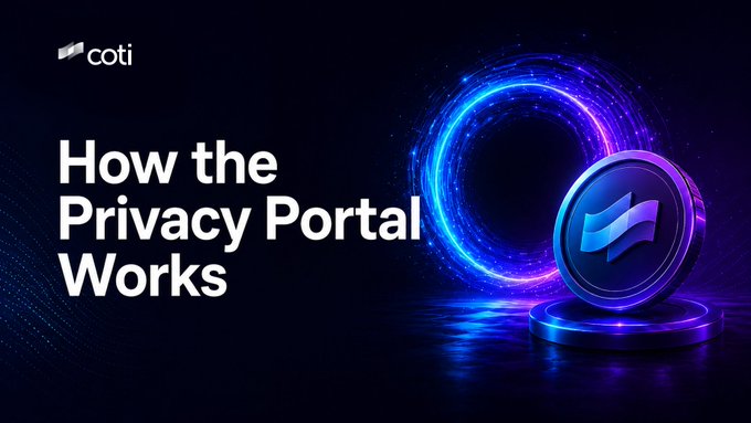 The image features two coins, one of which has a blue circle with a white logo on it. The text "How the Privacy Portal Works" is written above the coins, and below them, there's a description of how these coins can be used for privacy-focused transactions. The coins are placed in front of a dark background, making them stand out prominently against the backdrop.
