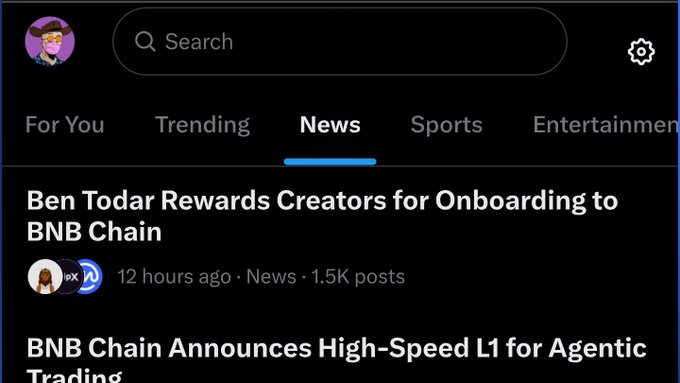 A social media "News" feed displays trending crypto headlines, including "Ben Todar Rewards Creators for Onboarding to BNB Chain" and "BNB Chain Announces High-Speed L1 for Agentic Trading," supporting the post's claim that Ben Todar is trending on X with significant momentum.