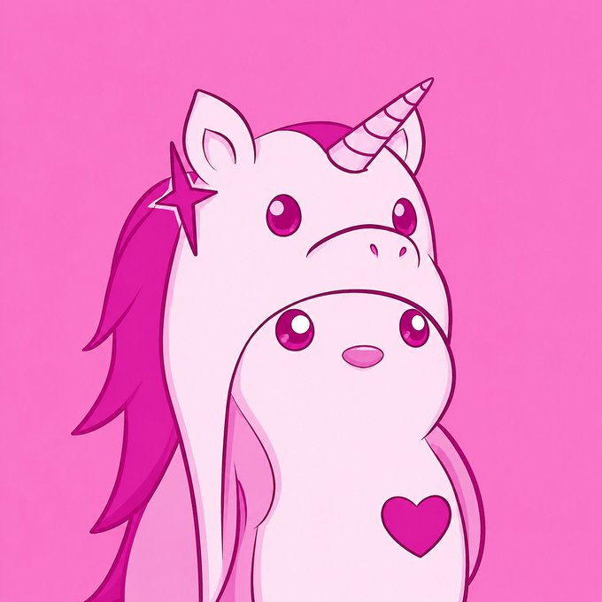 A cartoon illustration of a pink and white unicorn with a smaller creature attached to its chest, featuring a heart on its belly, set against a pink background.