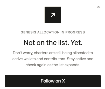 A pop-up notification displays "GENESIS ALLOCATION IN PROGRESS - Not on the list. Yet." along with a message reassuring users that charters are still being allocated to active wallets and contributors. The post relates to the image as the author hasn't received a whitelist spot and is planning to participate in the @standard_rsv Dutch auction at 0.15 ETH instead.