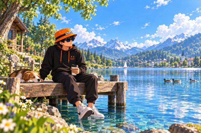 A person in a black hoodie and orange bucket hat sits on a wooden dock by a mountain lake, holding a coffee cup next to a beagle, with ducks swimming nearby.