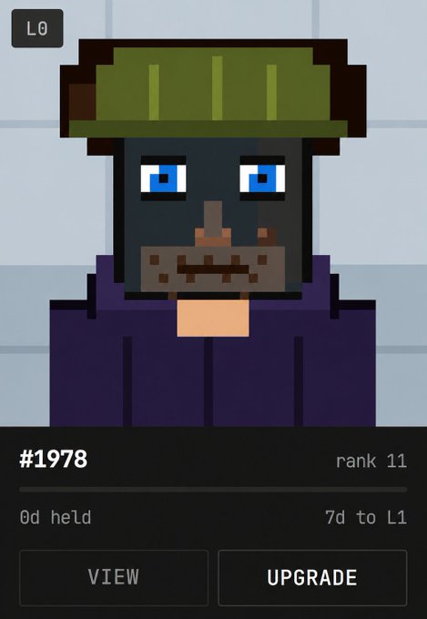 A pixel art NFT character (#1978) wearing a green headband and dark purple outfit is shown in this minting screen, ranked #11 with 7 days remaining to reach L1. The image visually confirms the post's claim about acquiring a high-ranking (#11 of 2800) Zaddr NFT for their collection.