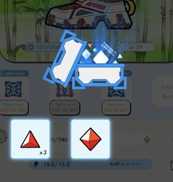 A mobile game interface showing upgradeable loot boxes with countdown timers and gem costs, including a blue chest overlay and pyramid shapes in inventory.