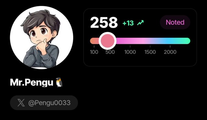 A social media profile card for 'Mr.Pengu' showing an avatar of a young man, a follower count of 258 with a +13 increase, and the handle '@Pengu0033'.