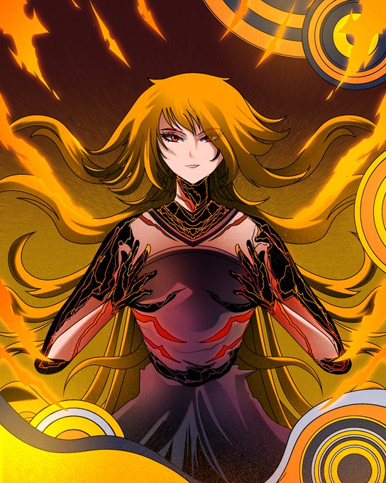 An anime-style illustration of a character with long blonde hair and black/dark armor-like clothing, surrounded by yellow and orange flame-like patterns.