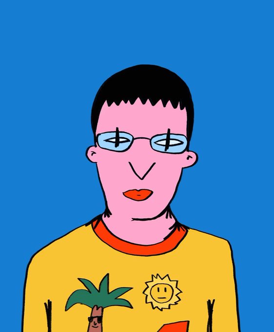 An illustration of a pink-skinned character with short black hair wearing glasses, depicted in a yellow shirt with a palm tree and sun design against a blue background.
