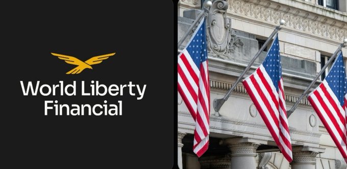 The image features the "World Liberty Financial" logo alongside American flags displayed on a classical government-style building, visually reinforcing the post's news that the OCC has conditionally approved a national trust bank charter for the Trump-backed company, allowing it to operate its USD1 stablecoin under federal oversight.