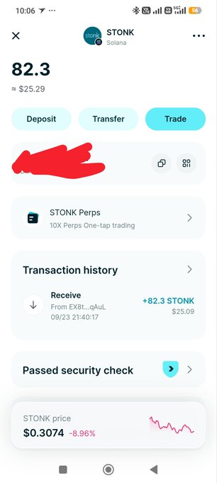 A mobile app screenshot showing a cryptocurrency wallet for '$TONK' (Solana) with a balance of '82.3' (≈$25.29), transaction history showing a receive of '+82.3 $TONK', and a STONK price chart at '$0.3074 -8.96%' with buttons for Deposit, Transfer, and Trade.