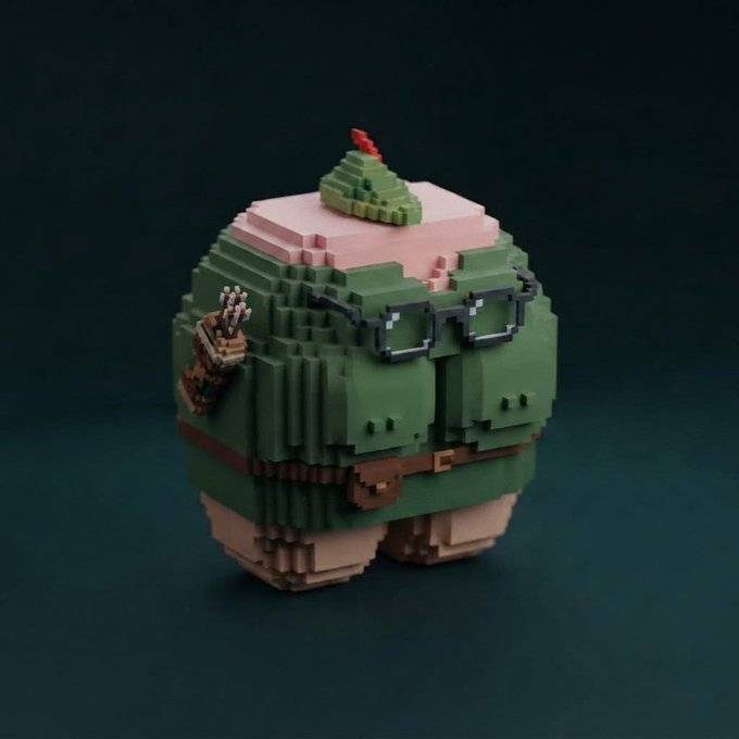A cute, chibi-style voxel LEGO sculpture of a chubby character wearing a green scout uniform with glasses, a sash of arrows, a belt, and a small green hat with a red feather, standing against a dark background. The wholesome, pixelated figure fits the playful branding of the "BOOPS" NFT collection launching on OpenSea via Robinhood, appealing to the first 100 wallets.