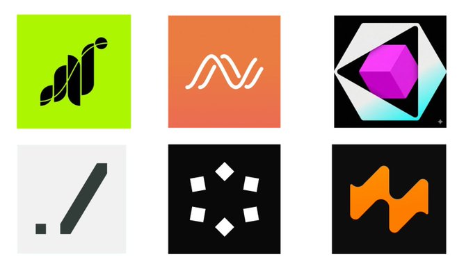 A grid of six cryptocurrency/exchange app icons, including what appears to be Bullish, a wave logo, a 3D cube, and other abstract designs on various colored backgrounds.