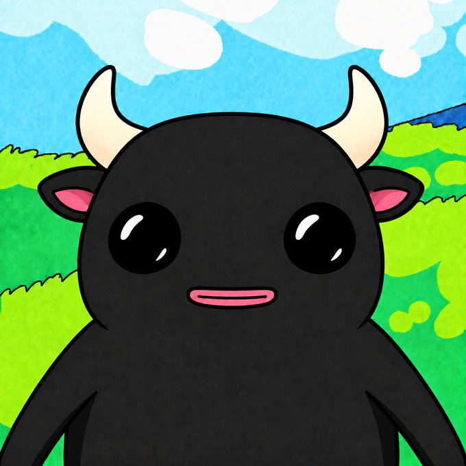 A cute cartoon black bull with big glossy eyes, small white horns, and pink accents stands against a cheerful background of green foliage and a bright blue sky with fluffy clouds. The cheerful, resilient-looking bull mirrors the post's message of steadfast optimism, symbolizing loyalty and bullish enthusiasm toward the $BUBU token despite market quiet periods.