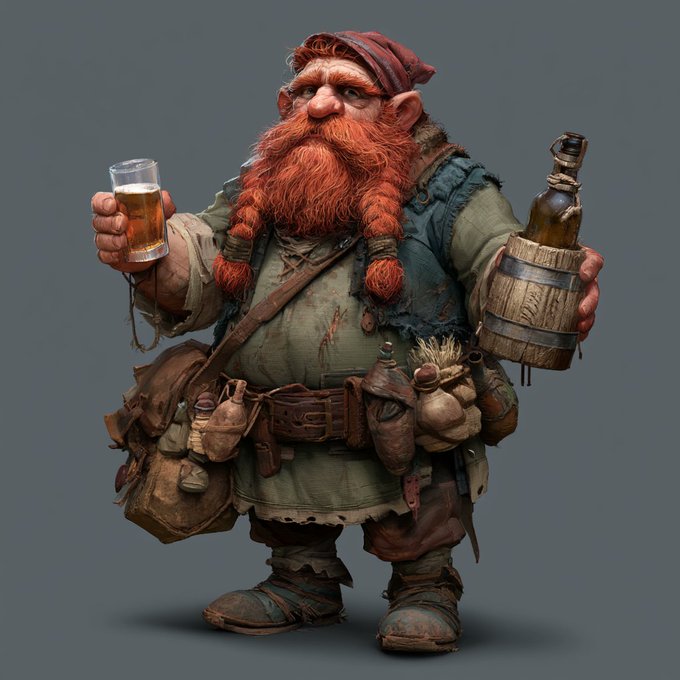 A jolly, red-bearded dwarf holds up a frothy mug of ale in one hand and a large bottle in a wooden caged carrier in the other, dressed in rugged travel gear with pouches and a belt. The image fits the post's "Meme for Trees" $BNKR campaign by embodying the meme coin's lively, coin-flipping tavern spirit—suggesting a rugged, trade-ready character ready to raise a glass (and a bottle) for a cause that grows real forests.