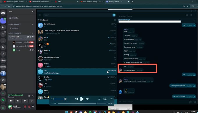 A Discord desktop application screenshot showing a chat interface with the channel 'general' in 'General' voice channel, with a red box highlighting a message mentioning 'managing audit' from a user named chatler, and music playback controls at the bottom.