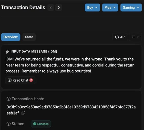 A transaction details screen showing a successful blockchain transaction with an Input Data Message stating 'We've returned all the funds, we were in the wrong,' with a transaction hash visible.