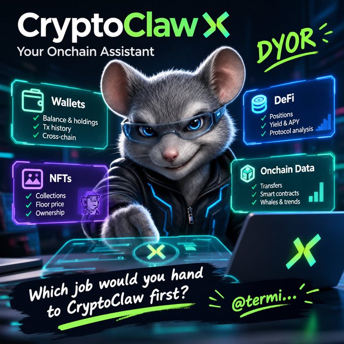 CryptoClaw promotional graphic describing itself as 'Your Onchain Assistant' with categories: Wallets, DeFi, NFTs, and Onchain Data.