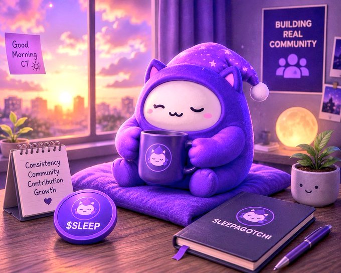 The image features a purple stuffed animal wearing a sleep hat sitting next to a coffee cup with a cartoon cat design. There are also other items such as a book, pen, notebook, and potted plant nearby. The caption reads "@SLEEPagotchi continues building around reputation, contribution, and community participation @SLEEPagotchi". This suggests that the image is related to the concept of SLEEPagotchi, an online community focused on promoting sleep awareness and healthy habits among its members.
The purple stuffed animal with a sleep hat represents the idea of taking time for oneself and prioritizing rest in today's fast-paced world. The presence of these items together creates a sense of balance between work and relaxation, encouraging users to take breaks and engage in self-care activities like reading or sipping coffee while wearing their cozy sleep hats.