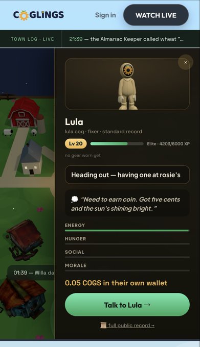 A mobile screenshot of the "Coglings" game displaying a character profile pop-up for "Lula," a Level 20 Elite fixer with 4203/6000 XP, who has "no gear worn yet" and needs to earn coin, as her wallet shows 0.05 COGS. The pop-up includes stats bars for Energy, Hunger, Social, and Morale, along with a green "Talk to Lula" button.