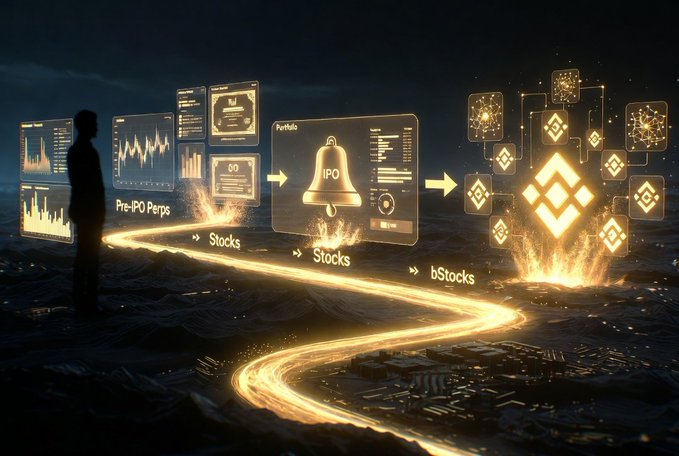 A futuristic graphic illustrating a transition from Pre-IPO Perps to Stocks, IPO, and finally to bStocks (Binance), with a glowing path and circuit imagery.